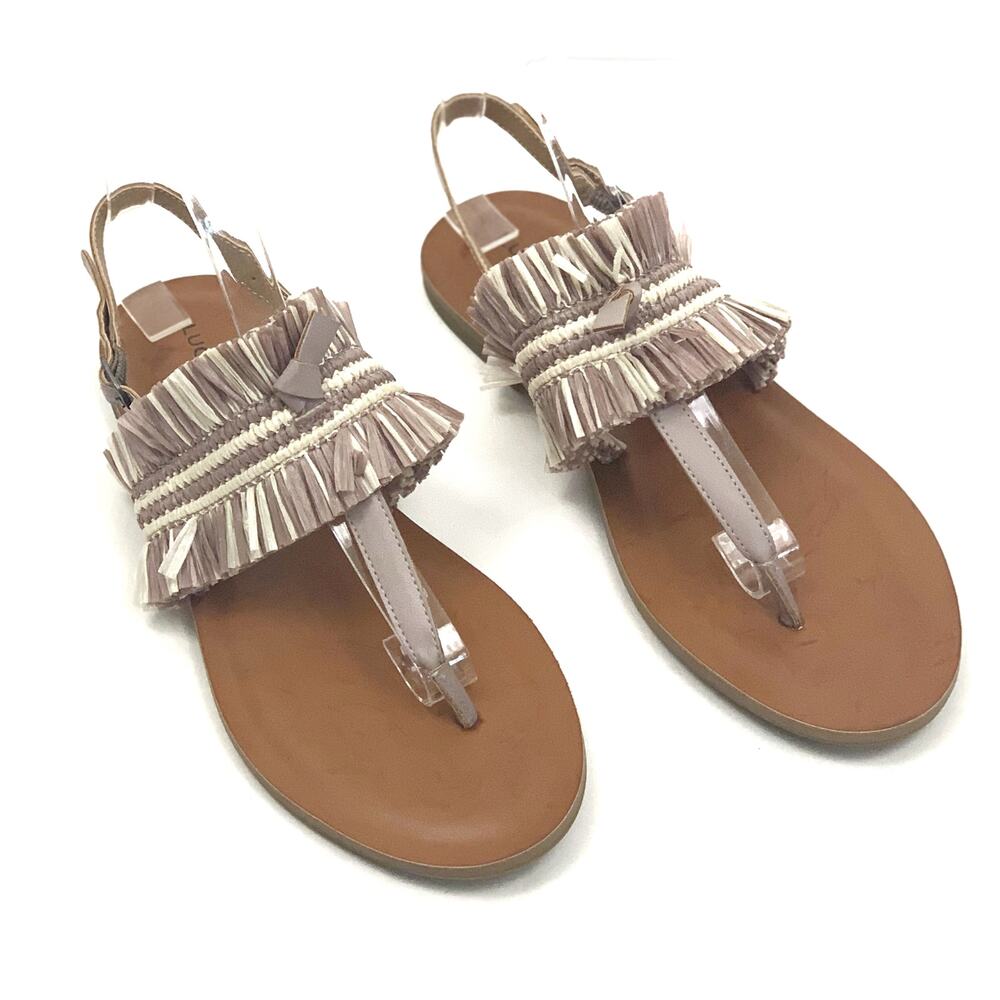 NWOT Lucky Brand Akerlei Raffia Fringe Flat Sandals Size 8.5 Mauve Pink